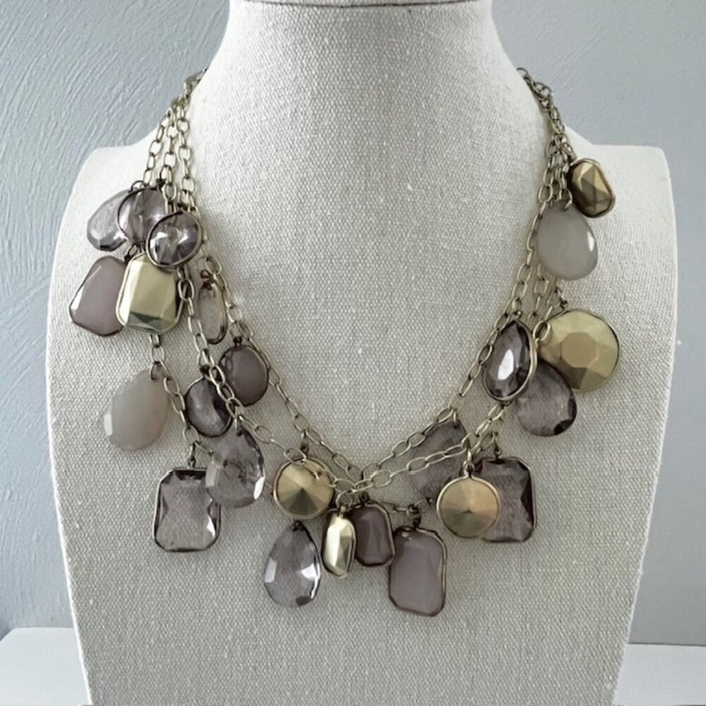 Chunky Statement Necklace Layered Purple Gold Tone Pendants Bobbles Charms